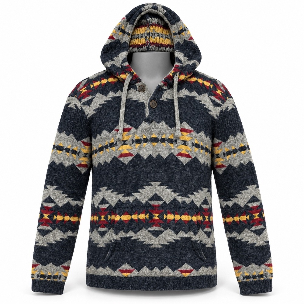 American Eagle Mens Navy Southwestern Geometric Knit Hoodie Sweater Medium